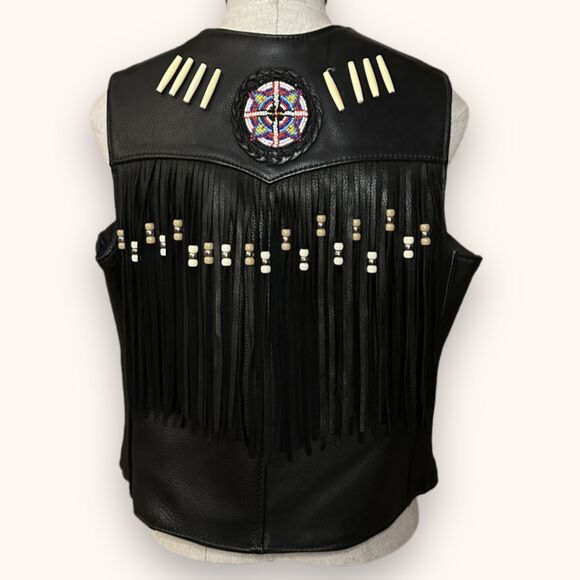 S.P. Leathers Buffalo Nickel Snap Bikers Vest Black Fringe Native Beadwork 10-12 - Picture 7 of 13